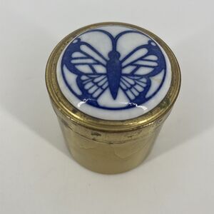 Vintage Brass Tobacco Jar Handpainted Blue Butterfly Porcelain Lid Small 4"